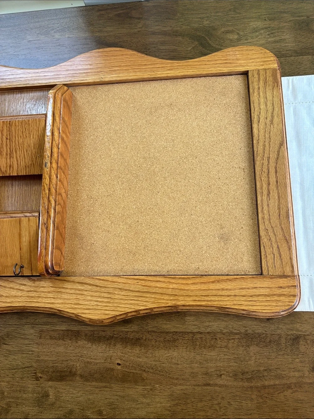 Vintage Oak Wood Wall Organizer with Cork Board, Mail Slots, and Key Hooks 22x16